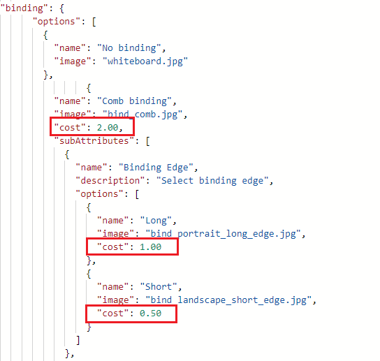 The product configuration file, showing the JSON set for this example.