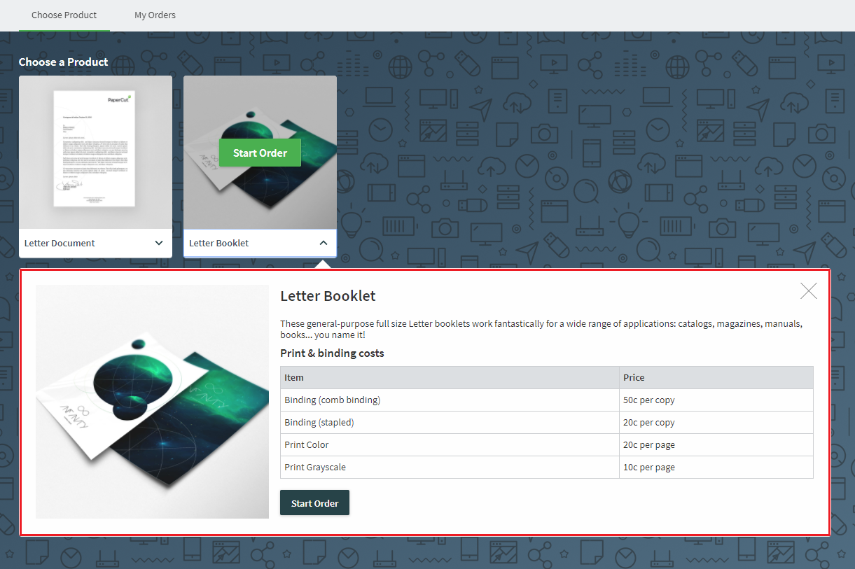 The Job Ticketing customer dashboard interface, showing the product description.