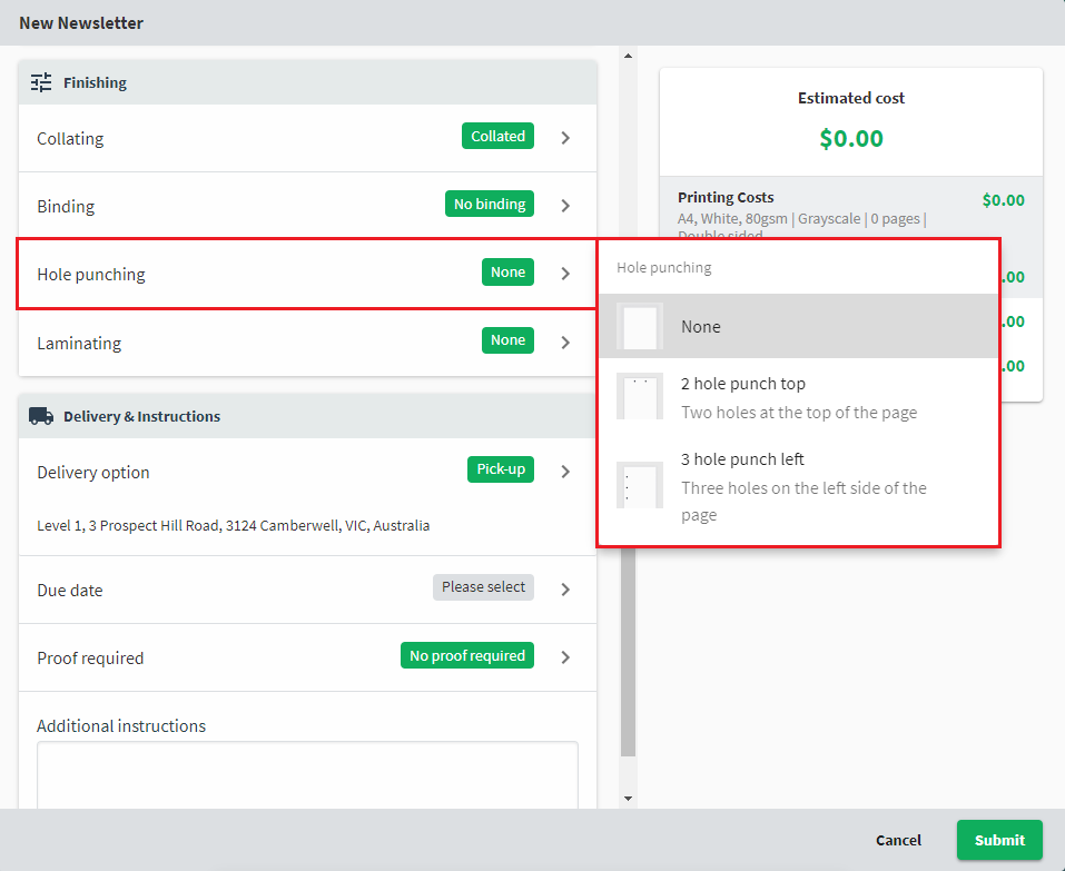 A screenshot of the new order form, showing the holePunching attribute