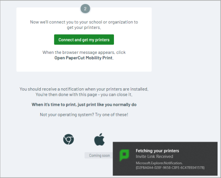 Screenshot showing a Windows toast notification letting the user know that the Mobility Print client is fetching and installing the printers.