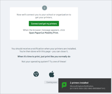 Screenshot showing a Windows toast notification letting the user know that the Mobility Print client has successfully installed the printers.